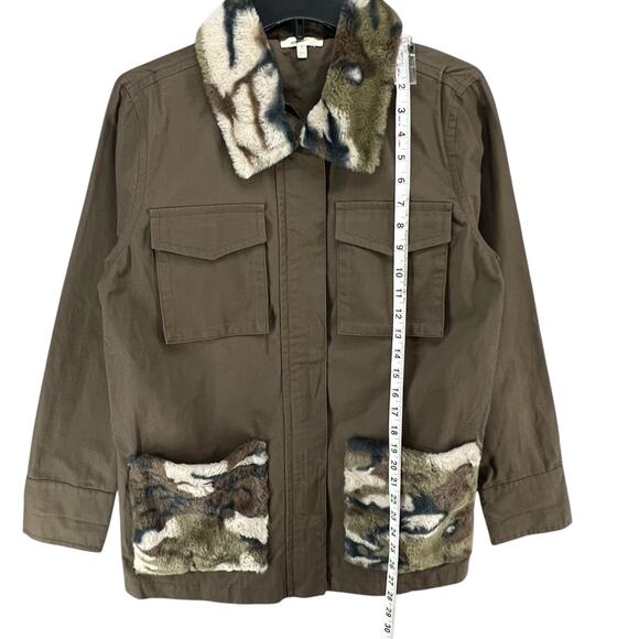 Mystree Jacket Womens S Green Brown Faux Fur Camo Zip Snap Coat Utility Military - Picture 8 of 13